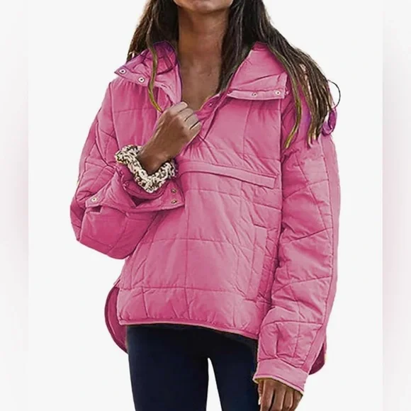 Quilted Pullover Packable Puffer Jacket Oversized Barbie Bubblegum Pink NWOT - Picture 5 of 13